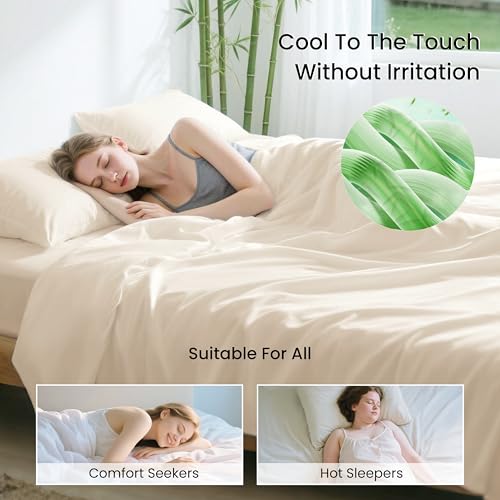 Love's cabin 4 Piece Full Size Sheet Set, Cooling Sheets, 100% Rayon Derived from Bamboo, Breathable & Soft Full Size Bed Set, Deep Pocket Up to 16", Hotel Luxury Silky Bedding Sheets, Beige Love's cabin
