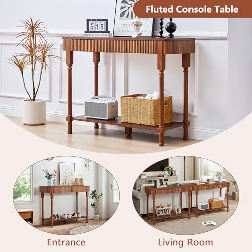 MAHYIZYI Fluted Console Table for Entryway, 43.3'' Narrow Entryway Tables with 2 Wooden Drawers, Retro Sofa Table Behind Couch Accent Tables for Foyer, Living Room, Hallway (Walnut) MAHYIZYI