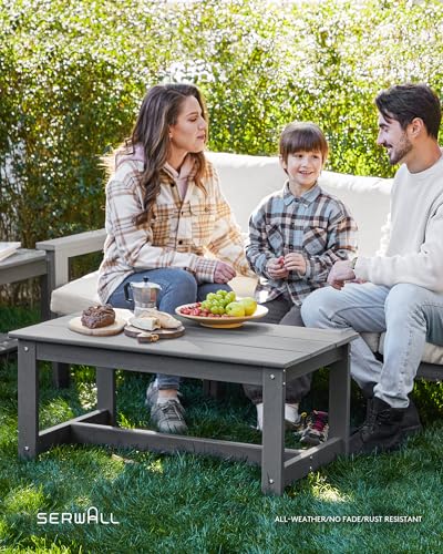 SERWALL HDPE Patio Conversation Set, 7-Piece Sectional Outdoor Patio Furniture Set, All Weather Patio Couch Set Patio Sofa Set for Deck, Lawn, Grey Frame with Khaki Cushion SERWALL