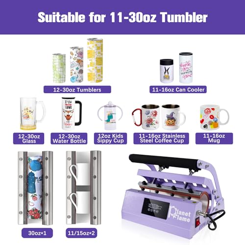 PlanetFlame Tumbler and Hat Heat Press Machine, 2-in-1 Combo Machine for Cup and Cap with Gloves and High Temp Heat Resistant Tape for 11oz-30oz Sublimation Tumbler and All Caps, Purple PlanetFlame