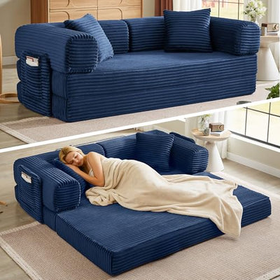AUGOP Boneless Couch Folding Couches for Living Room Sofa, Futon Sofa Bed with Sleeper Sofa, Futon Couch with Fixed-Shape Oversized Corduroy Upholstered (Blue, 81 Inches)