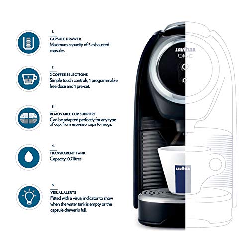 Lavazza BLUE Classy Mini Single Serve Espresso Coffee Machine LB 300, 5.3" x 13" x 10.2" 2 Coffee selections: simple touch controls, 1 programmable free dose and 1 pre-set Lavazza
