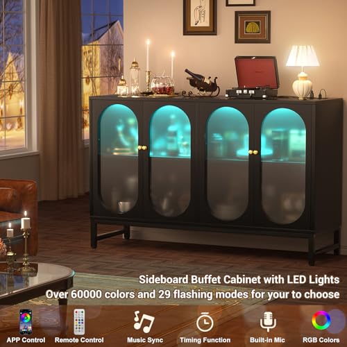 Aheaplus Sideboard Buffet Cabinet with Power Outlet, Kitchen Sideboard Storage Cabinet with LED Light, 4 Doors, Modern Accent Cabinet Coffee Bar Cabinet Console Table for Kitchen Dining Room, Black Aheaplus