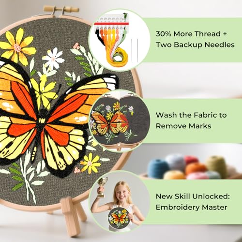 HTVRONT Embroidery Kit for Beginners, Butterfly Embroidery Kits with Step-by-Step Video Tutorials, Simple 6 Stitches Beginner Embroidery Kit for Adult Crafts