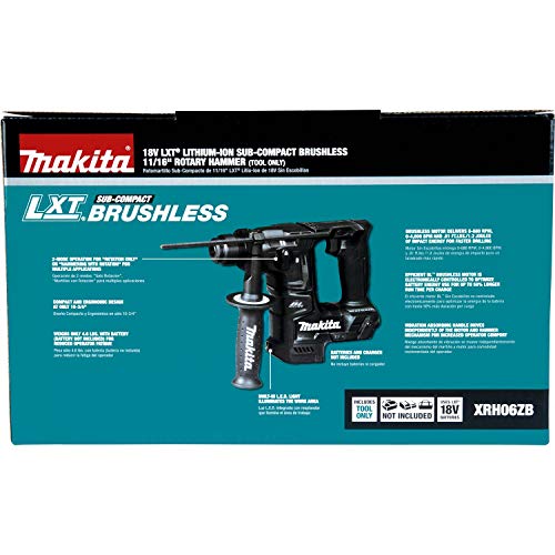 Makita XRH06ZB 18V LXT Lithium-Ion Sub-Compact Brushless Cordless 11/16" Rotary Hammer, Accepts Sds-Plus Bits, Tool Only Makita
