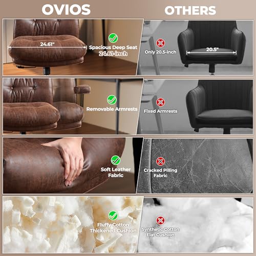 ovios Ergonomic Office Chair, High Back Faux Leather Executive Chairs with Thick Cushion, Comfy Mid-Century Modern Swivel Rolling Computer Armchair (Dark Brown, Suede Leather) ovios