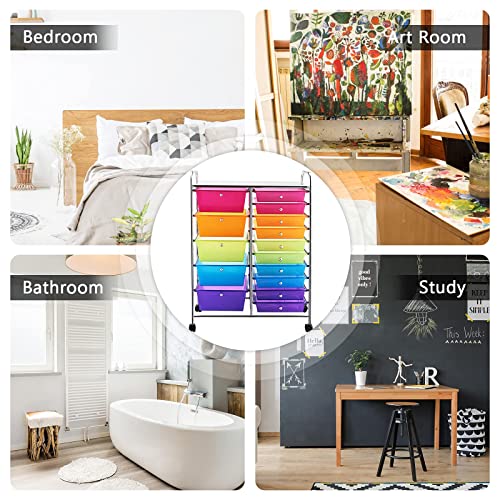 GOFLAME 15-Drawer Rolling Storage Cart, Multipurpose Movable Organizer Cart, Utility Cart for Home, Office, School, Rainbow GOFLAME