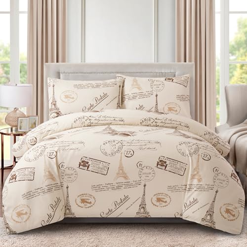 Marina Decoration Ultra Soft Silky Zipper Rich Printed Rayon from Bamboo All Season 2 Pieces Duvet Cover Set with 1 Pillowcase, Eiffel Tower Ivory Pattern Twin/Single Size Marina Decoration