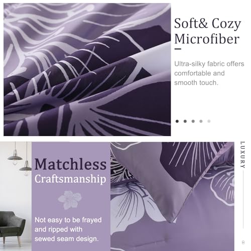 Menghomeus Queen Comforter Set Dark Purple Floral Bedding Comforter Sets - Soft Microfiber Bed Comforter Set for All Season, 3 Piece Botanical Flowers Comforter, Pillowcases Menghomeus