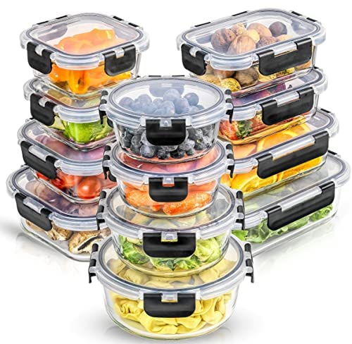JoyJolt JoyFul 24pc(12 Airtight, Freezer Safe Food Storage Containers and 12 Lids), Pantry Kitchen Storage Containers, Glass Meal Prep Container for Lunch, Glass Storage Containers with Lids JoyJolt