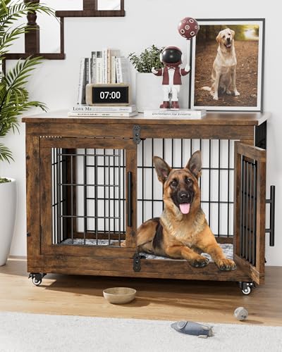 YaFiti Dog Crate Furniture with Cushion, Wooden Dog Kennel Indoor with Double Doors, Dog Cage with Wheels, Dog House Side End Table for Small Medium Dogs up to 45 lb, 32.5” L, Rustic Brown YaFiti