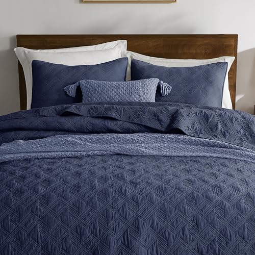 WDCOZY 100% Cotton King Size Quilt Set - Navy Blue Pre-Washed Soft Lightweight Modern Bedspread, Farmhouse Country Rustic Coverlet, Textured Like Linen, Shabby Chic Gauze Bedding, 3 Pieces WDCOZY