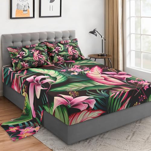 WeCozy 4 Pieces King Size Bed Sheet Sets with Pillowcases, Tropical Leaves Flower Hibiscus Soft Microfiber Bedding for Kids and Adults, Flat, Fitted Sheet for Bedroom Bed Decor WeCozy