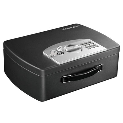 SentrySafe Portable Black Safe Box with Digital Keypad Lock, Small Steel Travel Safe with Carrying Handle for Money, Passport, 0.21 Cubic Feet, 4.4 x 13 x 10 Inches, P021E
