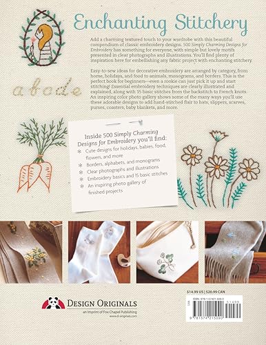 500 Simply Charming Designs for Embroidery: Easy-to-Stitch Monograms and Motifs (Design Originals) Patterns for the Home, Holidays, Food, Animals, and Borders, with Stitch Guide and Gallery Design Originals