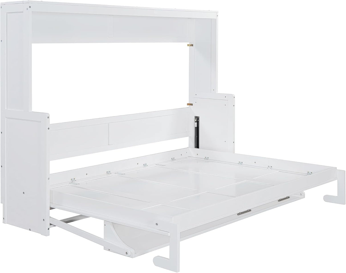 Virubi Queen Horizontal Hideaway Murphy Bed with Desk,Wood Fold Up Murphy Wall Bed for Adult,Guest Room Living Room (White,Queen) Virubi