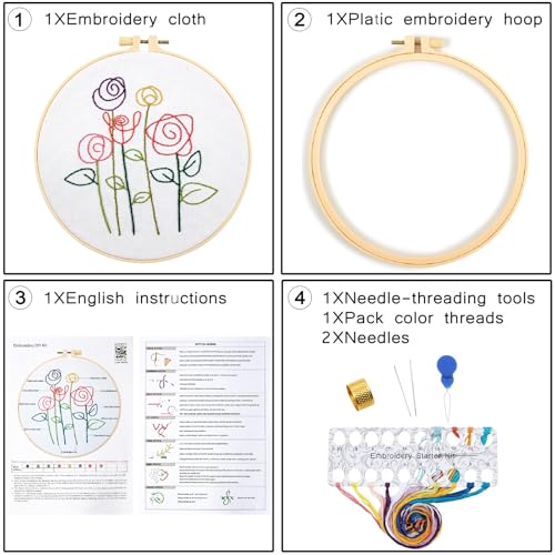 Easy Flower Embroidery Kits for Beginners Adults, Minimalism Embroidery Starter Kits, Counted Cross Stitch Kits for Beginners Adults Hobbies Set for Women, Embroidery Hoops, Thread and Video Tutorial