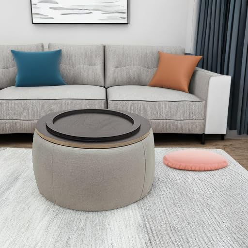 Modern Round Storage Ottoman with Wooden Lid,Circle Ottoman Handmade Ottoman Coffee Table,End Table & Footstool for Living Room (Light Gray) Kakotito