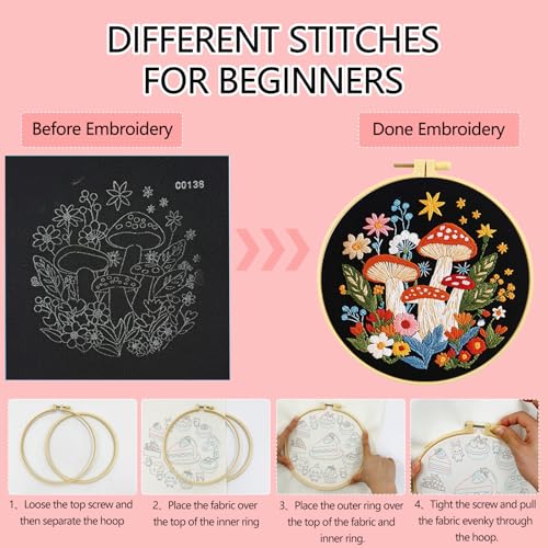 Zhenqing Enchanted Mushroom Garden Embroidery Kit for Beginners - Complete Set with 29x29cm Black Cotton Fabric, Hoop, Thread & Tools(C0138)