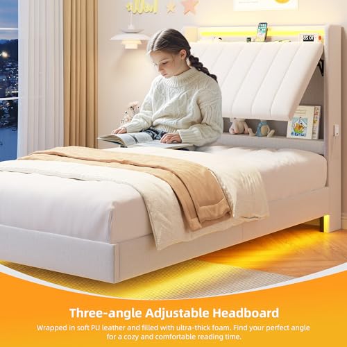 Twin Size Floating Bed Frame with Ergonomic Hidden Storage Headboard and LED Light,Visual Floating LED Bed Frame with Charing Station,Velvet Upholstered Platform Bed for Kid/Boy/Girl,Heavy Duty,White Jocoevol