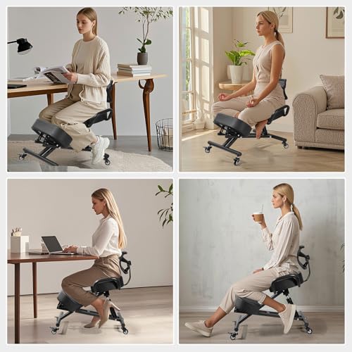 Ergonomic Kneeling Chair, Lumbar Support Kneeling Chair with Adjustable Height and Footrest for Desk Work for Home and Work, Improve Your Postures, 4" Thick Comfortable Cushions, Locking Wheels Generic