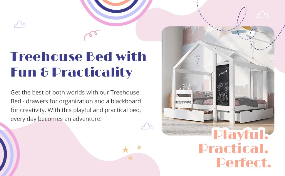 DNYN Twin Size House Bed with Storage Drawers and Blackboard Design, White DNYN