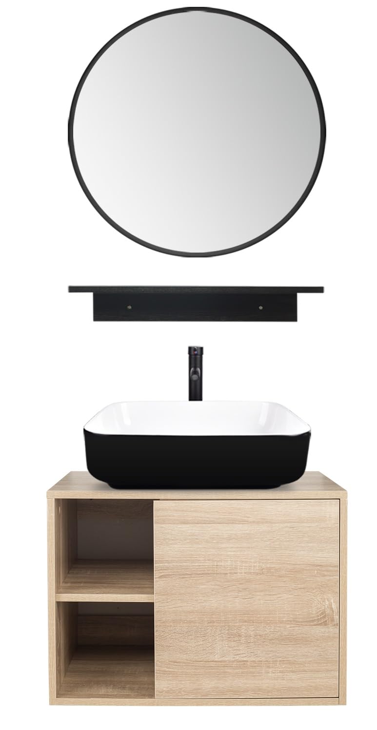 YOURLITE 24" Floating Bathroom Vanity with Sink, Wall-Mounted Bathroom Vanity and Sink Combo with Mirror and Faucet & Pop Up Drain Set,Brown Bowl Glass Sink YOURLITE