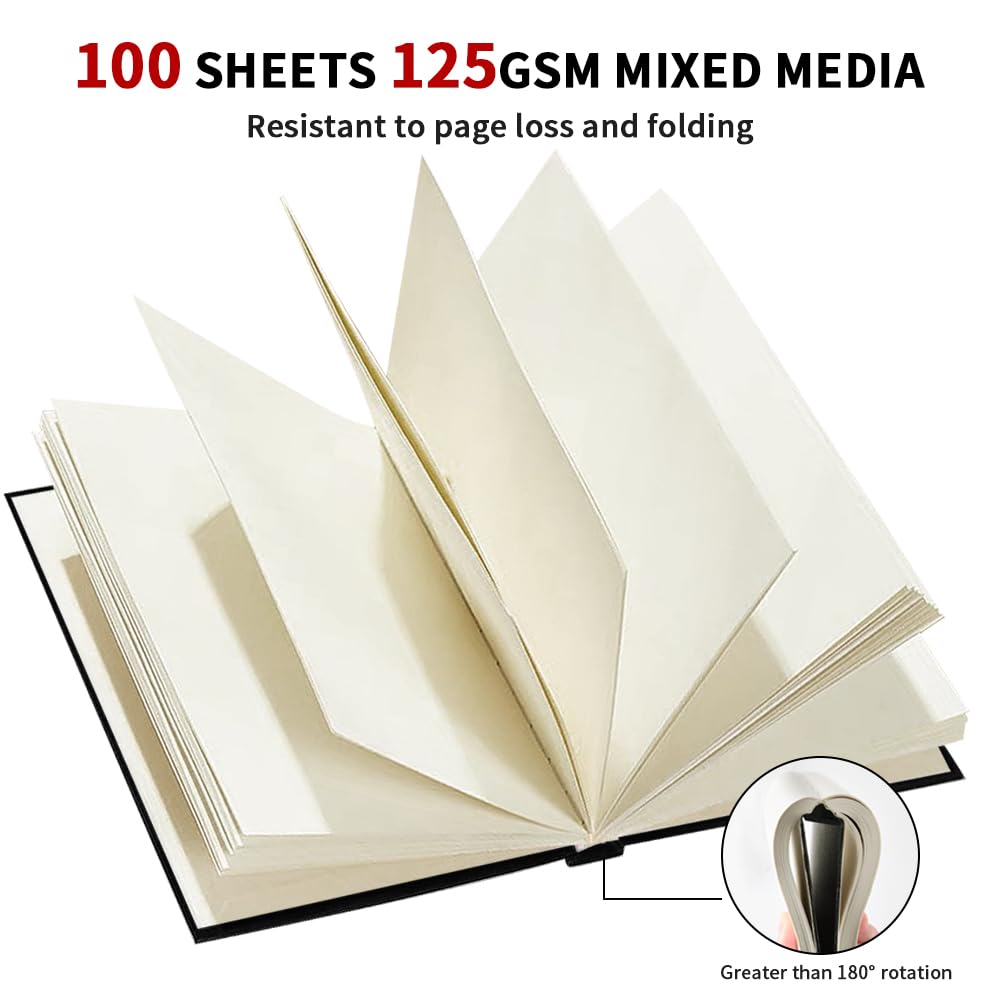 Mixed Media Sketch Pad, 4 x 6 inches 125 GSM (100 Sheets/200 Pages) Sketchbook for Drawing, Hardcover Mix Media Art Sketchbook for Wet and Dry Media,Painting,Drawing. 4X6 E-WEICHEN