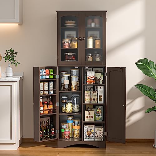 Gizoon 64" Kitchen Pantry Cabinet, Tall Storage Cabinet with Glass Doors and Adjustable Shelves, Freestanding Floor Cabinet Cupboard for Kitchen, Living Room, Dining Room (Dark Brown) Gizoon