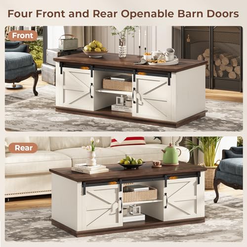 UPOSOJA Farmhouse Coffee Table for Living Room with Storage & 4 Sliding Barn Doors, Adjustable Shelves, Modern Rectangular Rustic Living Room, Meeting Room, Hall Coffee Tables (White+Brown) UPOSOJA