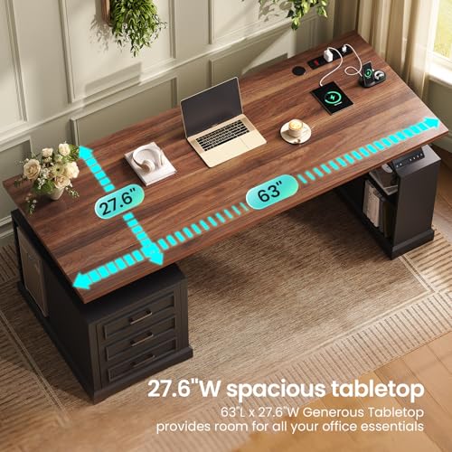 SEDETA Farmhouse Electric Standing Desk, 63" Height Adjustable Computer Desk with 3 Drawers, Storage Shelves, Power Outlets, Wood Home Office Stand up Desk for Work, Study, Writing, Black SEDETA