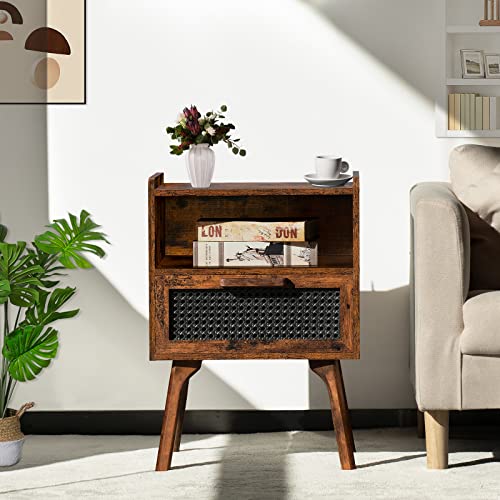 Lerliuo Rattan Nightstand, Boho Side Table with Drawer Open Shelf, Cane Accent Bedside End Table with Solid Wood Legs for Bedroom, Dorm and Small Spaces (Brown) Lerliuo