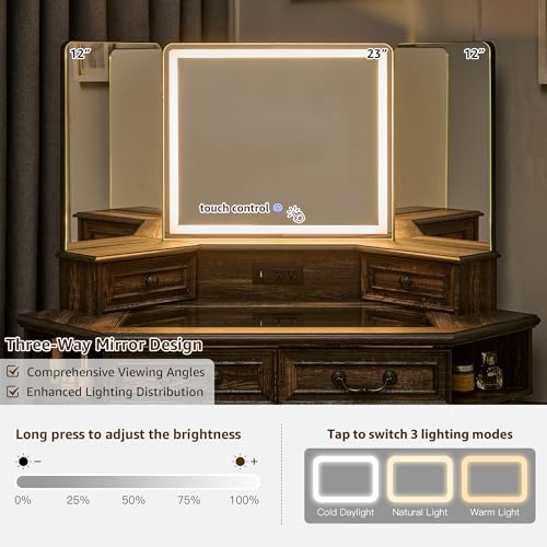 T4TREAM Makeup Vanity Desk 48" with 3 Way Mirror and Lights, Large Farmhouse Corner Vanity Dressing Table with Glass Top & Charging Station, 3 Drawers & 2 Storage Cabinets, Dark Rustic Oak T4TREAM