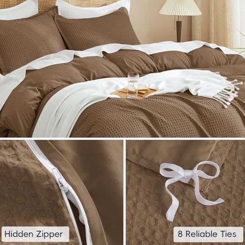 PHF Waffle Duvet Cover Set King Size, No Snagging Ultra Soft Luxury Textured Breathable Comforter Cover for All Season 3pcs, Durable Bedding Duvet Set with 2 Pillow Shams, 104"x90", Mocha/Cocoa Brown PHF
