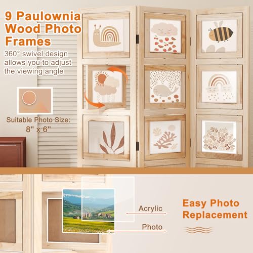 Giantex 3 Panel Room Divider with 9 Rotating Picture Frames, 67'' Folding Privacy Screen for Photo Display, Freestanding Wood Wall Partition for Room Separation, Bedroom, Office, Natural Giantex