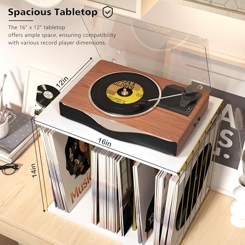 Emfogo Vinyl Record Storage, Metal & Wooden Vinyl Record Holder Up to 80 Album, 3-Compartment Record Player Stand for Magazine, Book, Files, Albums (White) Emfogo