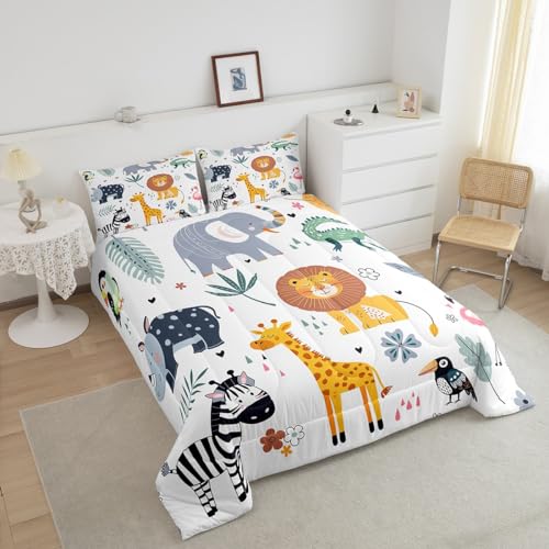 Feelyou Kids Zoo Animal Comforter Set Toddler Size Cute Wild Animals Bedding Set Cartoon Safari Wild Print Comforter for Boys Girls Children Teens Bedroom Decor Exotic Natural Theme Duvet Set Feelyou