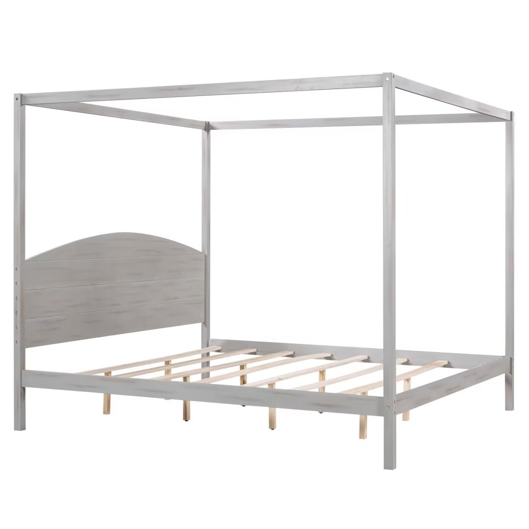 JIJIWANG King Size Canopy Bed Wood King Platform Bed Frame with Headboard and Slat Support Leg, 4 Posters King Bed Frame for Kids Teens Adults - Grey Wash JIJIWANG