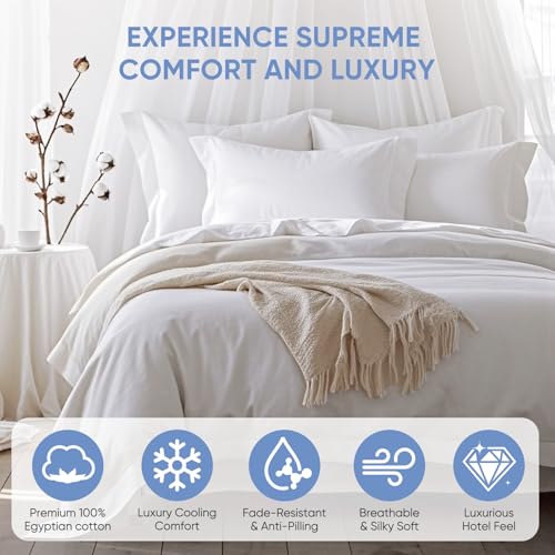 TWK 1200 TC 100% Egyptian Long-Staple Cotton Bedding Sheets Set, Luxury Hotel Style Deep Pocket with Elastic Reinforced Seams Sheet Set, Soft & Comfy Natural Sheets (White, King) TWK