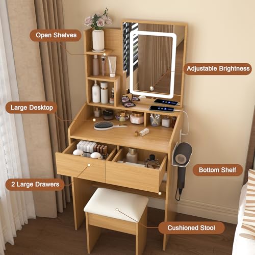 QueZeiah Small Makeup Vanity Desk with Mirror and Lights, Mini Vanity with Stool, 2 Large Drawers, Charging Station, Dressing Table Set for Women's Bedroom, Dressing Room, Wood QueZeiah