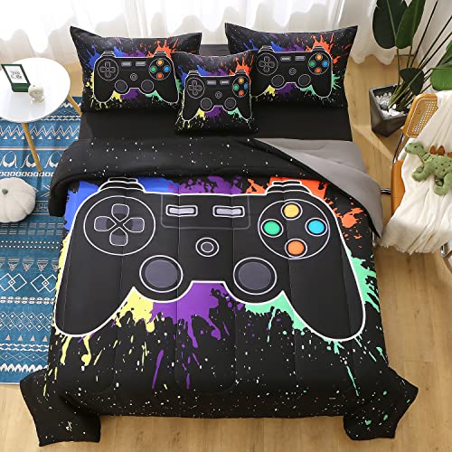 JQinHome Twin Gamer Comforter Sets for Boys&Girls ,6 Piece Bed in A Bag 3D Video Game Bedding -All Season Microfiber Gamer Bedding Sets for Kids, with Pillowcase, Flat & Fitted Sheet,Cushion Cover JQinHome