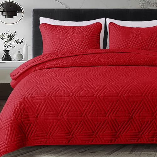 Whale Flotilla Soft Twin Size Quilt Set for All Seasons, 2-Piece Ultrasonic Geometric Quilts Bedding Set, Lightweight Reversible Bedspread, Coverlet, Bed Cover with Pillow Sham, Red Whale Flotilla