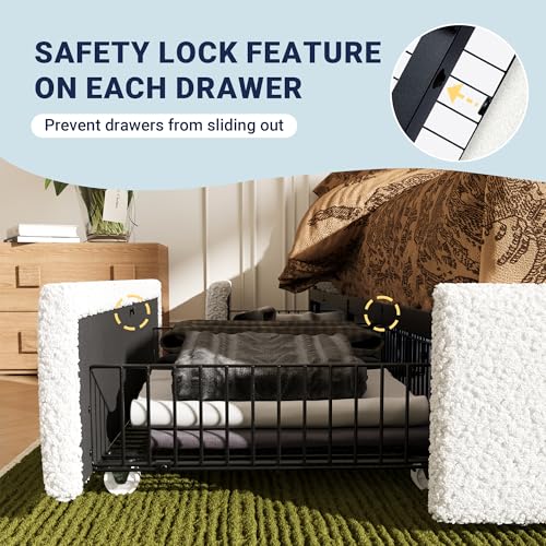 Allewie Full Size Bed Frame with 4 Oversized Storage Drawers, Soft Teddy Fabric, Boucle Upholstered Platform Bed, Wooden Slats Support, Noise-Free, No Box Spring Needed, Easy Assembly, White Allewie