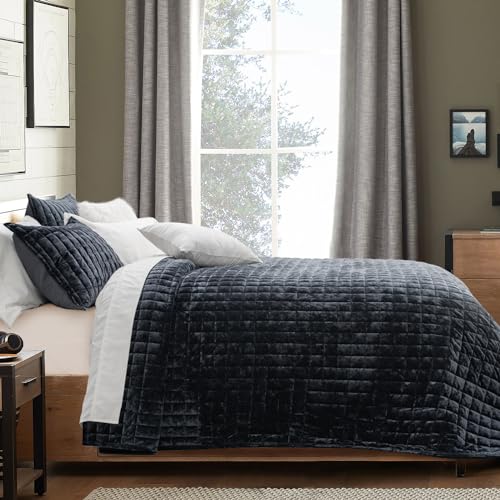 RECYCO Luxury Velvet Quilt Set King Size Bedding Sets, Ultra Soft Velvet Comforter Set, Lightweight Channel Box Stitch Oversized Bedspread Coverlet for All Season, with 2 Shams, Black RECYCO
