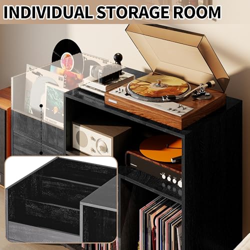 BIZOEIRON Record Player Stand with Flip-Top & Drawers, Vinyl Storage Cabinet with Outlet, Wood Media Console Table for Vinyl Records Storage, Assembly Required, Black BIZOEIRON