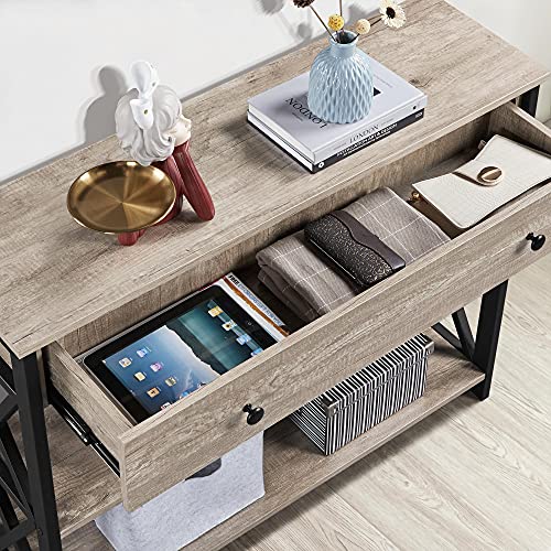 Yaheetech Console Table with Power Outlets and USB Ports, Wooden Entryway Table with Drawer and Open Shelves, Narrow Sofa Tables with Metal Frame for Living Room, Couch, Hallway, Grey Yaheetech