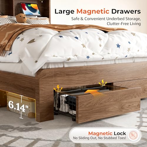 RAYROMAN Full Size Bed Frame with 2-Tier Storage Headboard, LED Lights, Charging Station, 2 Drawers, 800lbs Capacity, Wood & Metal Platform, Noise-Free, No Box Spring Needed, Barn Door Design RAYROMAN