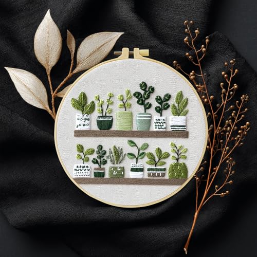 Full Range Embroidery Kit for Adult, Green Plant Pattern Embroidery Kit for Beginners Include Embroidery Cloth Hoops Threads for Craft Lover Hand Stitch with Embroidery Skill Techniques,Home Decor