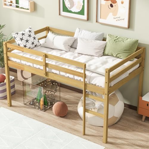 Bellemave Twin Size Low Loft Bed,Kids Loft Bed with Ladder,Solid Wood Low Loft Bed Twin Size for Girls Boys,Natural Bellemave