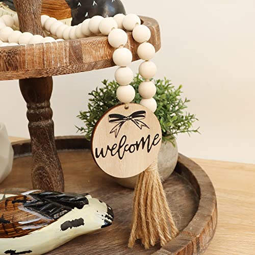 Meplait Welcome Wooden Bead Garland with Tassel, Decorative Beads Home Decor Farmhouse Tassel Garland Boho Decor for Tiered Tray(38in) Meplait
